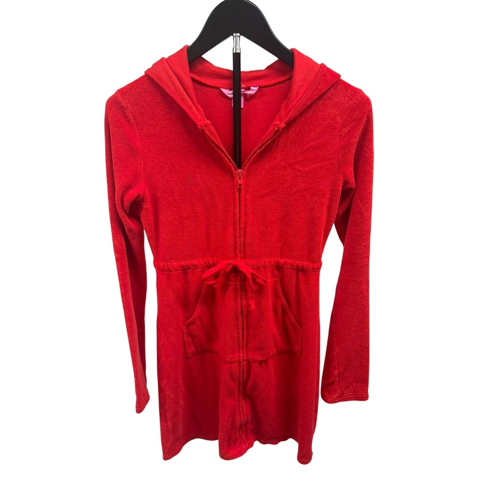 Y2K 2005 VS PINK Red Terry Cloth Zip Up‎ Hooded Swim Cover Up Dress Small